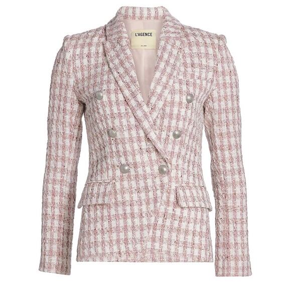 L’AGENCE Kenzie Double Breasted Blazer in Pink Ivory Tweed in Size 6 Houndstooth - Picture 1 of 11